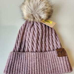 CC  Lilac Hat with Faux Fur Pom Pom